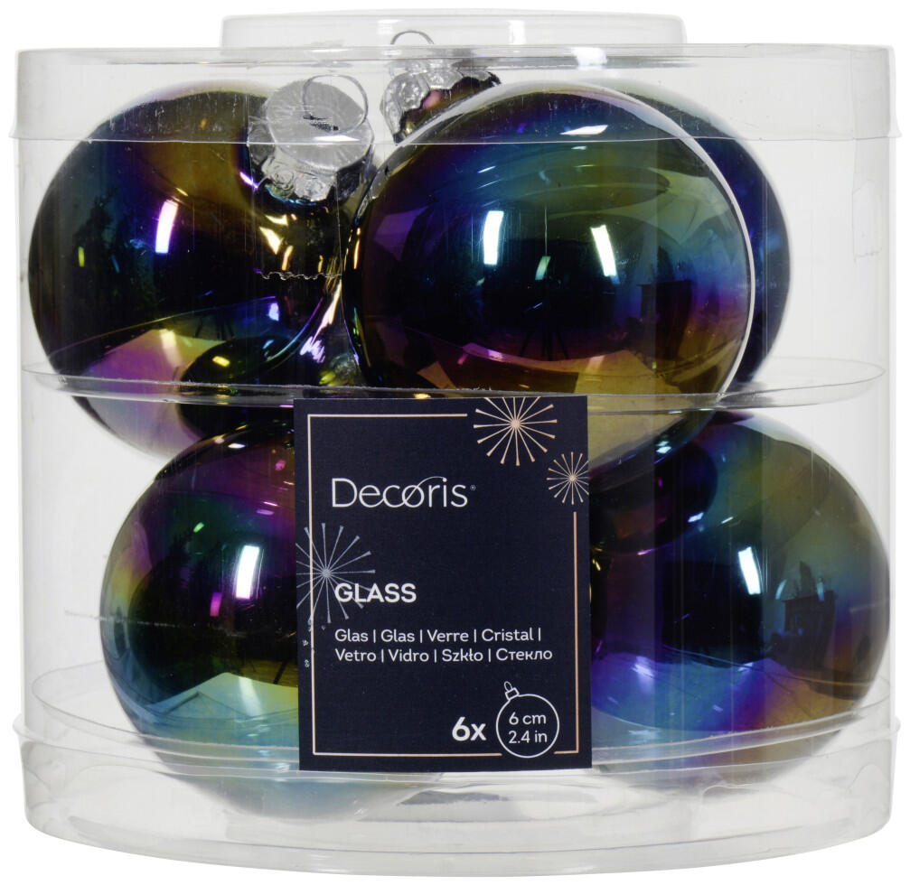 Decoris glass Christmas baubles, 6 cm diameter, black/iris — set of 6
