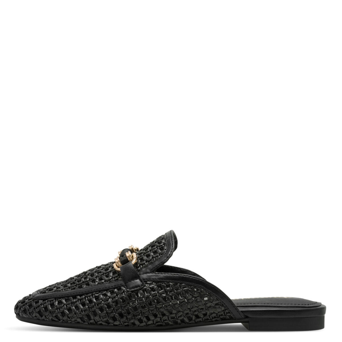 Elegant sabot with a braided finish and a decorative buckle.