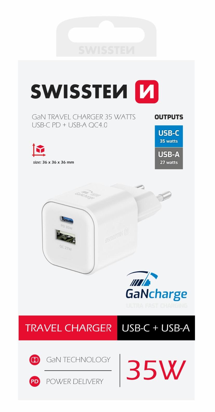 SWISSTEN TRAVEL CHARGER GaN 1x USB-C 35W PD + 1x USB-A 27W QC WHITE