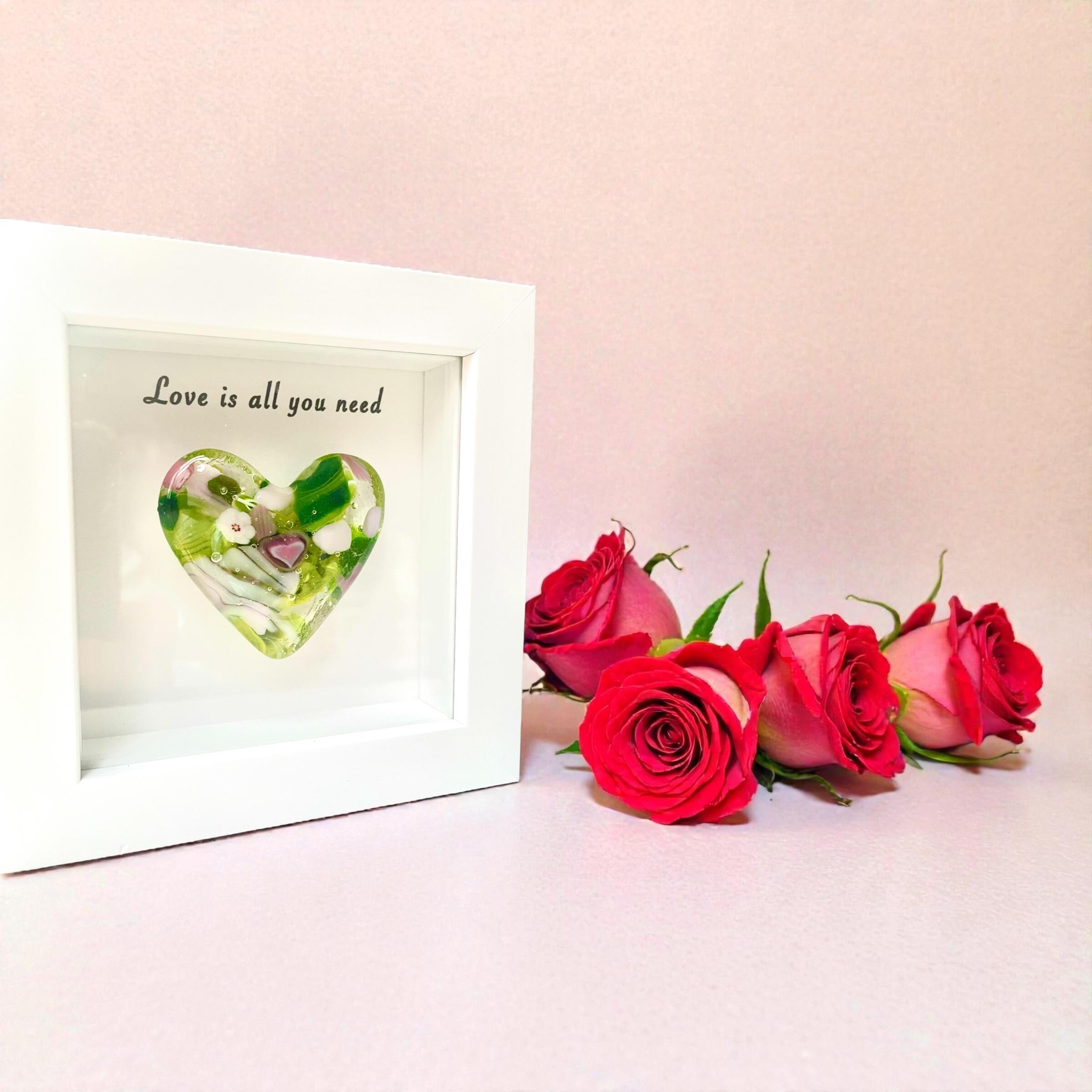 Millefiori glass heart in a white wooden frame, one-of-a-kind, handmade