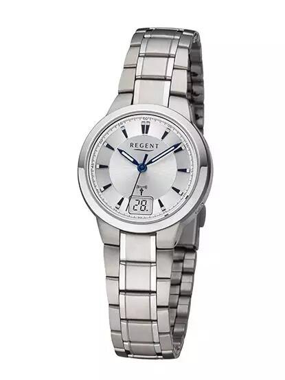 Damenuhr Regent radiogesteuert Titan mit digitaler Anzeige von Datum und Sekunden