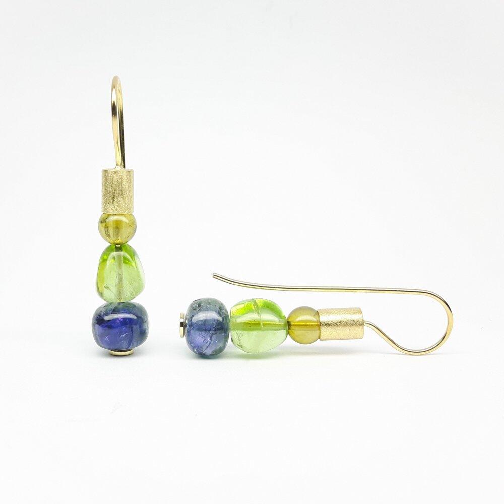 18k yellow gold earrings with tourmaline, peridot, and tanzanite. One of a kind.