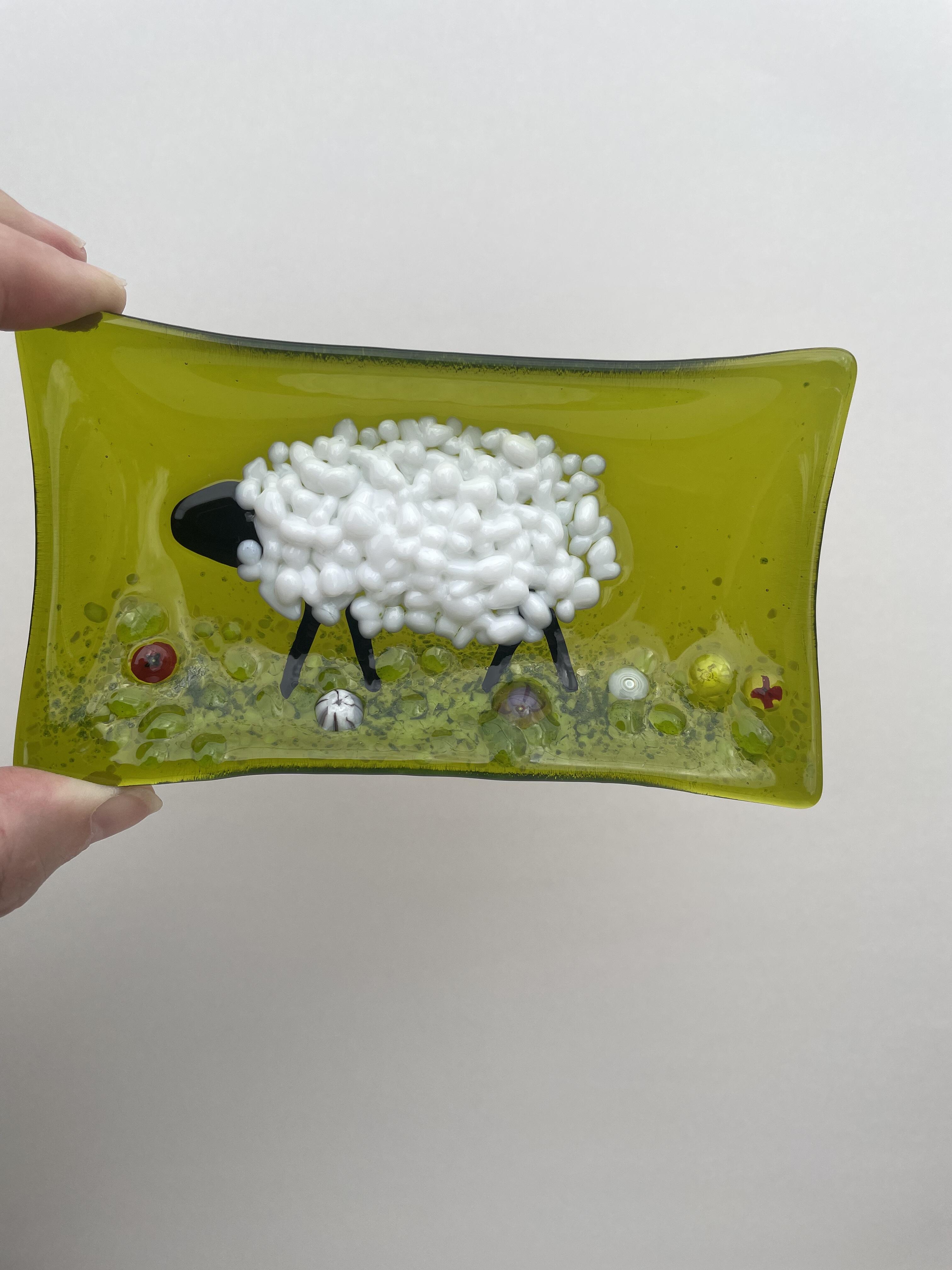 Small glass bowl with sheep motif, millefiori flowers fused, handmade