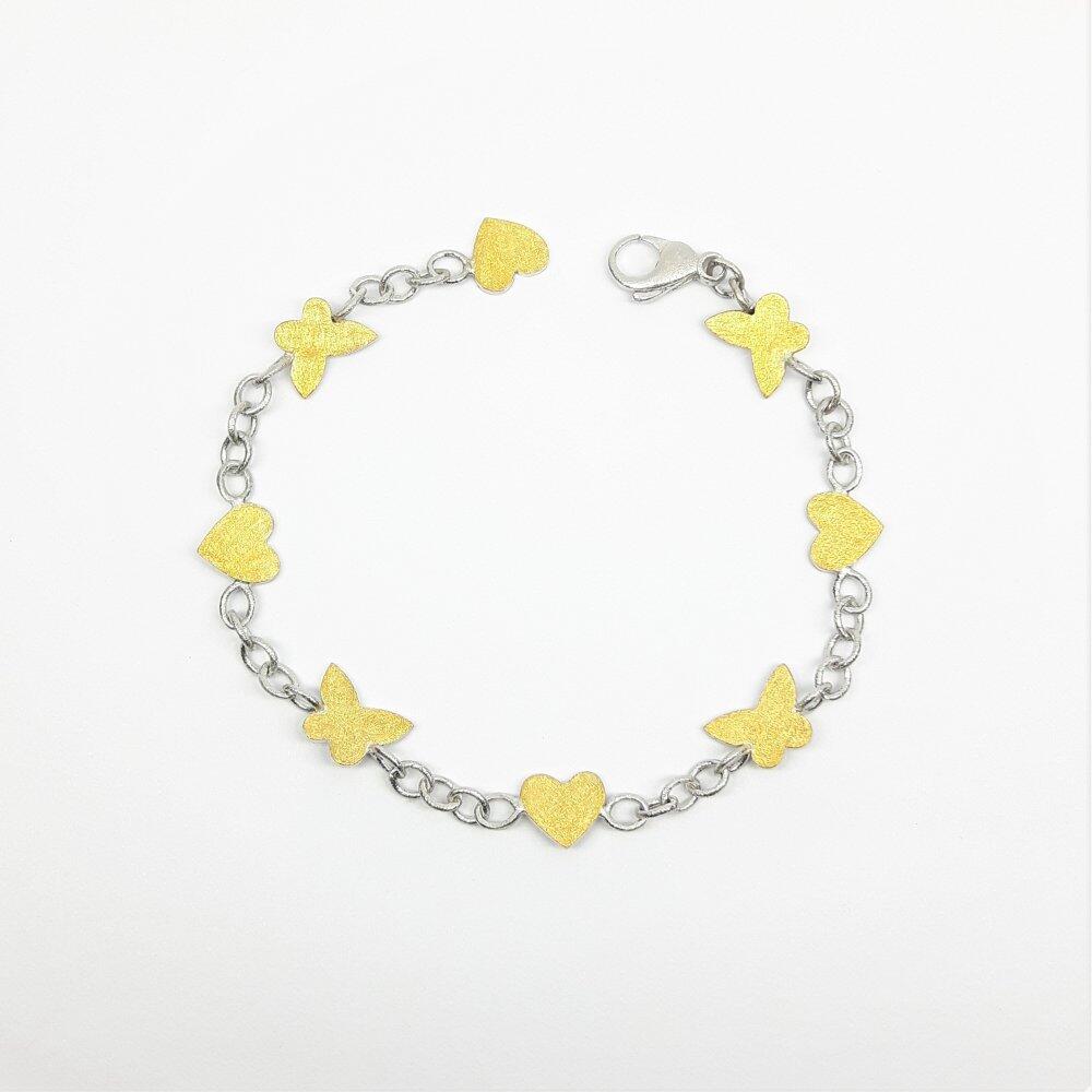 "papillons-coeurs", bracelet en argent 925/-. et or fin.