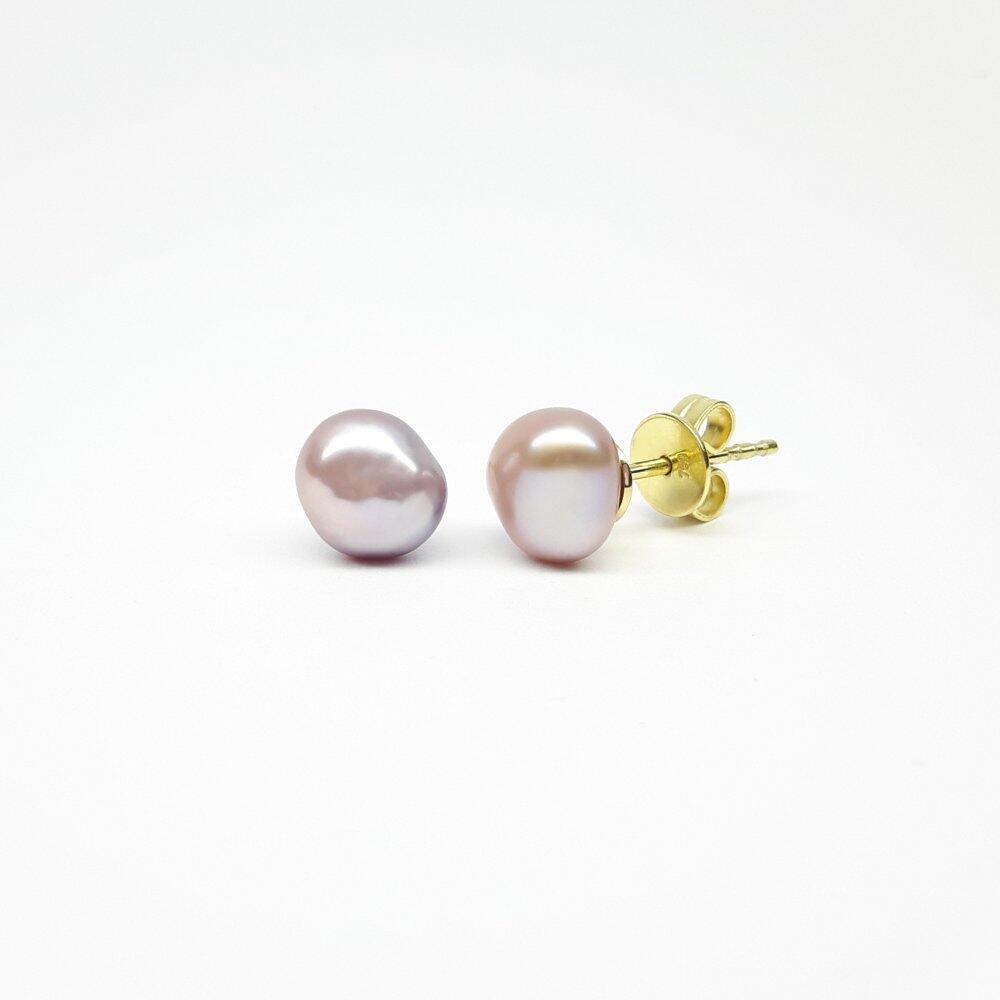 Boucles d'oreilles en or jaune 18kt et perles de culture d'eau douce Keshi Ø9mm rose/violet.