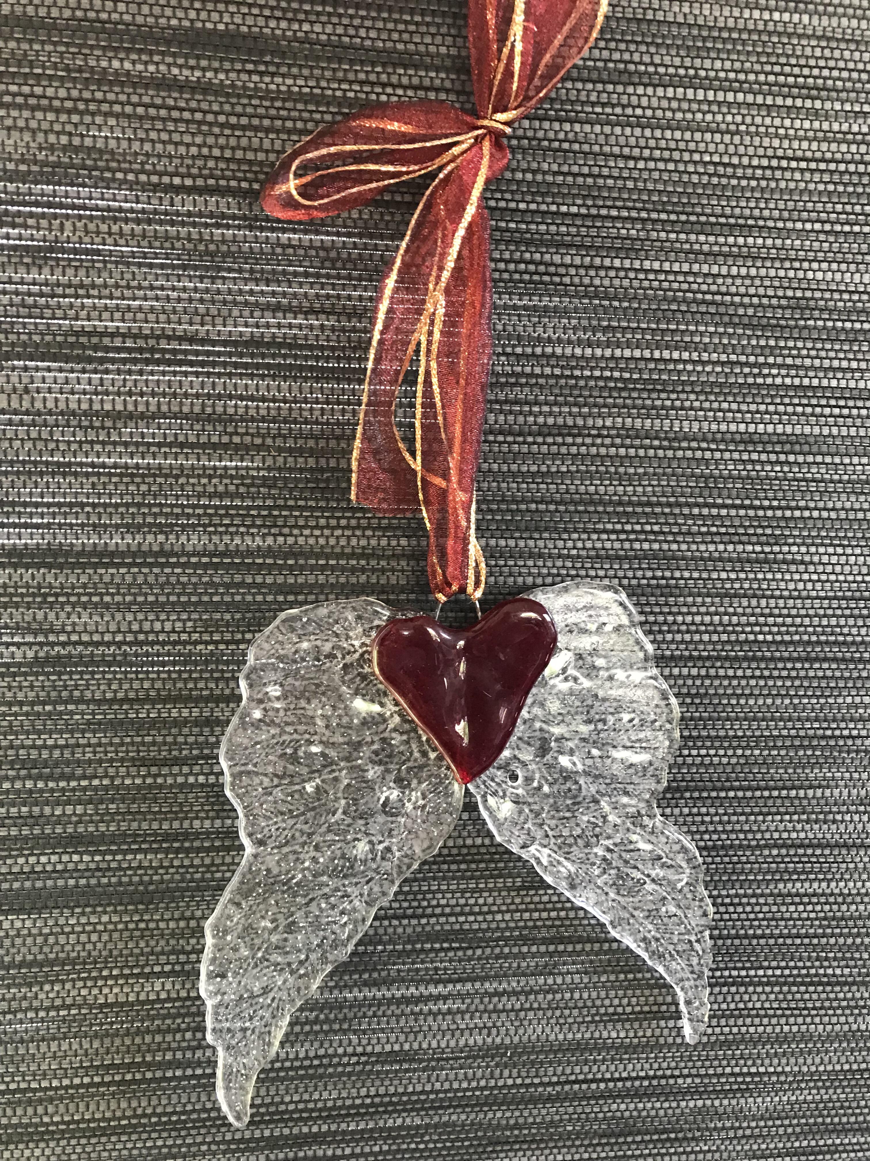 Glass heart with angel wings, decoration, handmade 