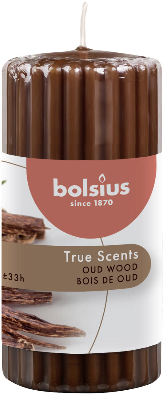 Bolsius Scented Pillar Candle, Ribbed, True Scents Oud Wood