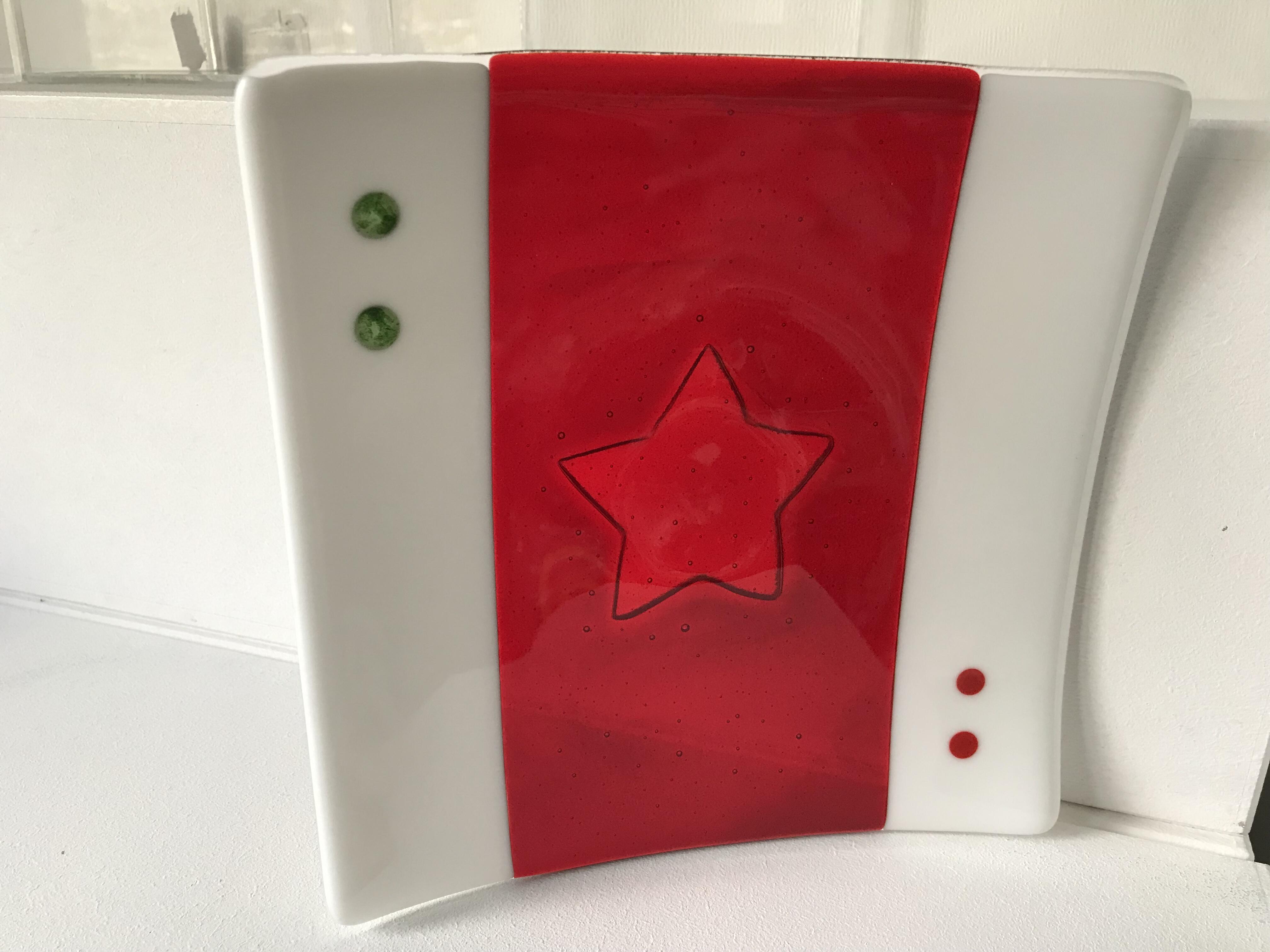 Square glass bowl, handmade, with star motif, red or green, unique specimen