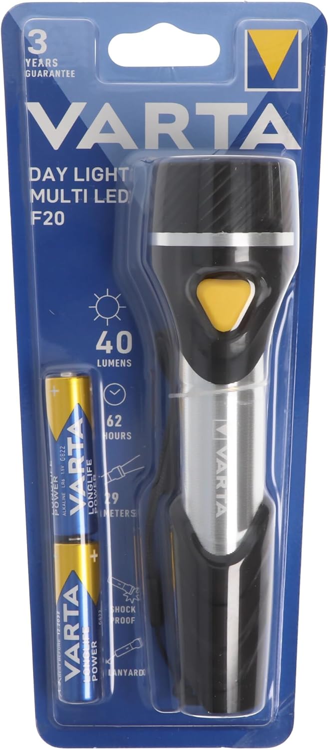 ARTA 9-LED flashlight with 2x AA batteries included, Day Light Multi LED F20 Leuchte, pocket flashlight with a lanyard, ideal for home, fishing, garage, emergencies, power outages, and outdoor use [Energy Class A]
