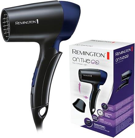 Remington Haartrockner [extrem klein & klappbar] On The Go (1400 W, weltweite Spannungsanpassung 120/220-240V, Stylingdüse, 2 kombinierte Heiz- & Gebläsestufen) Reisehaartrockner D2400