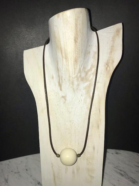 Leather necklace with natural tagua nut pearls and bronze clasp