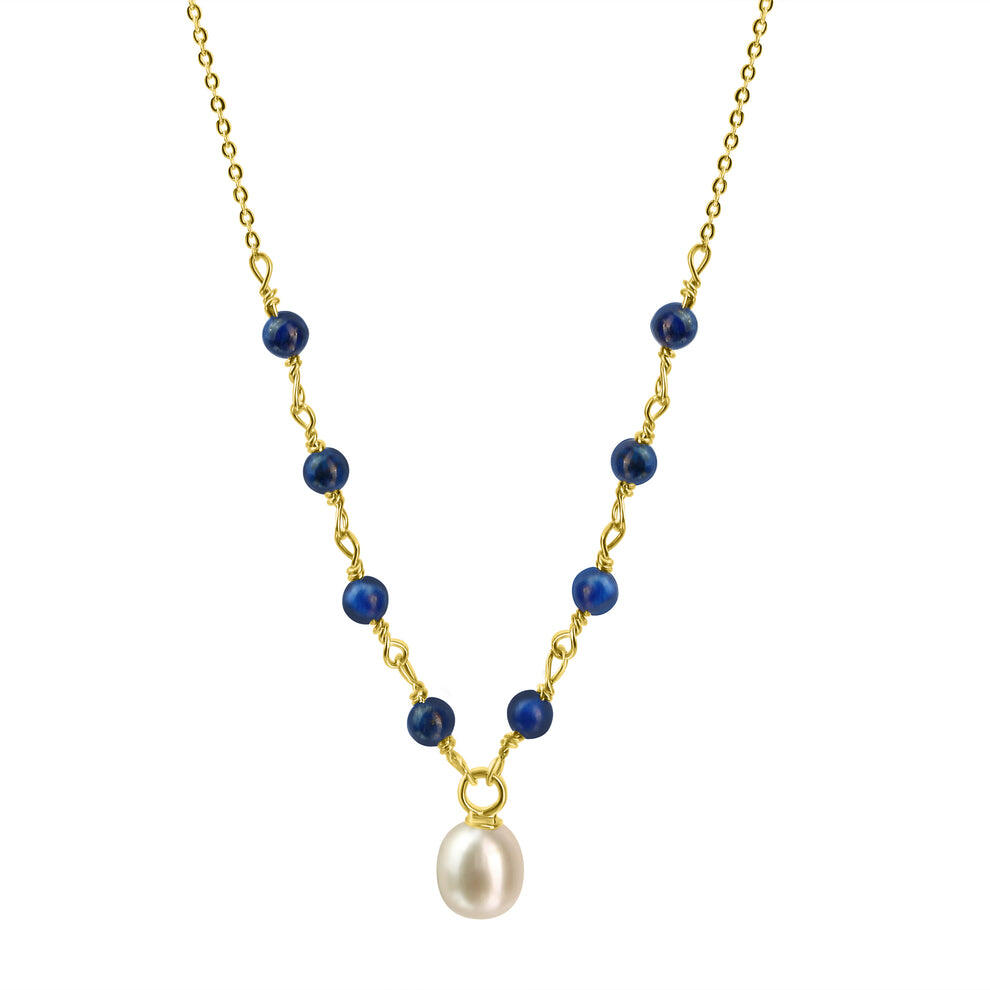 or jaune 9 carats – collier chaîne à maillons ancre : perle d'eau douce et lapis-lazuli