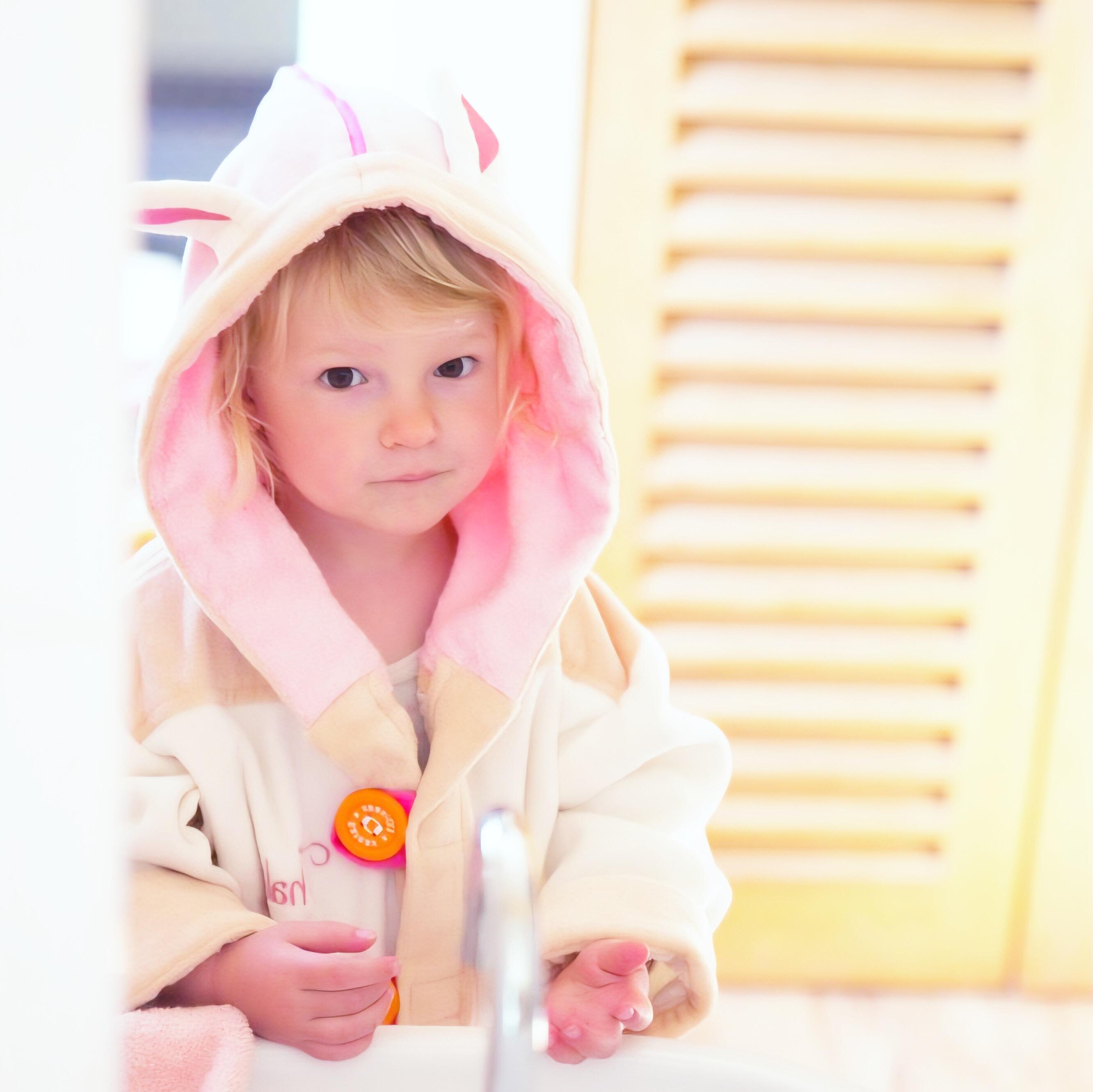 Embroidered bathrobe for ages 2-4, rabbit motif, ecru.