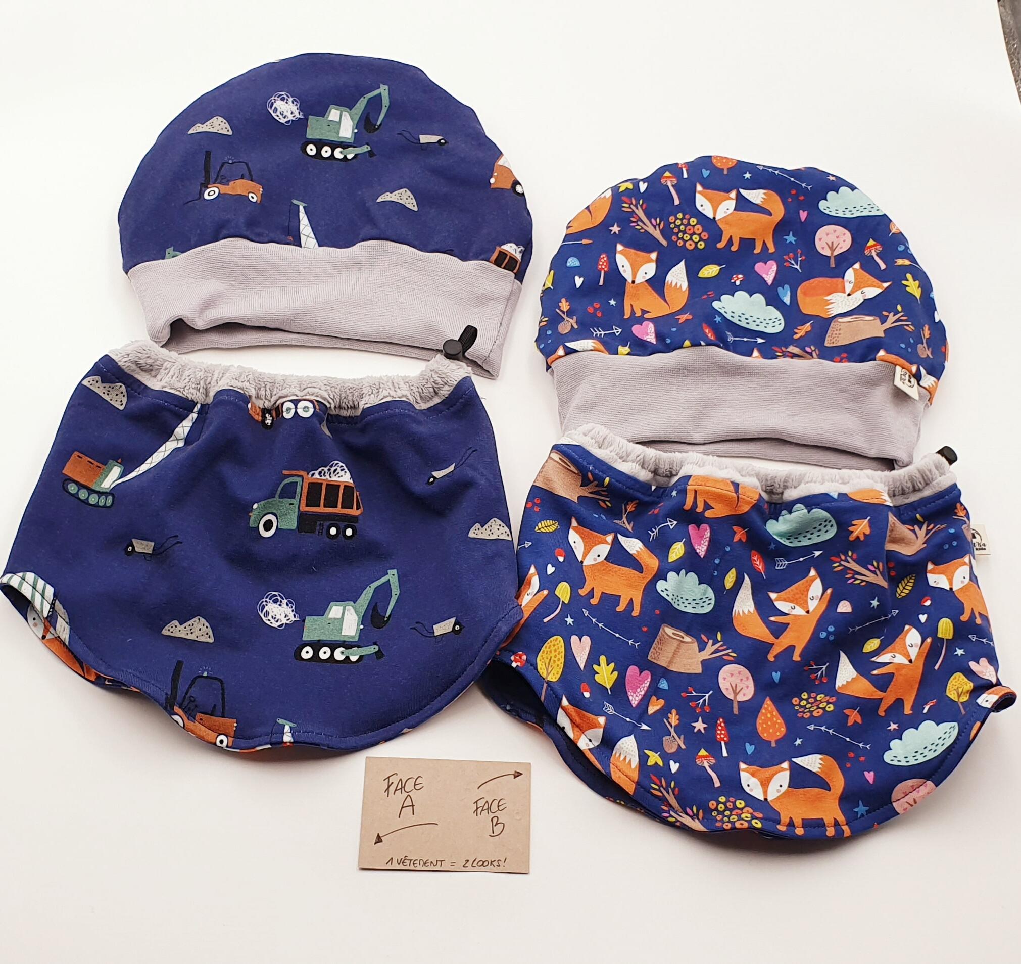 Ensemble hiver bonnet + col "Chantier et Renards"