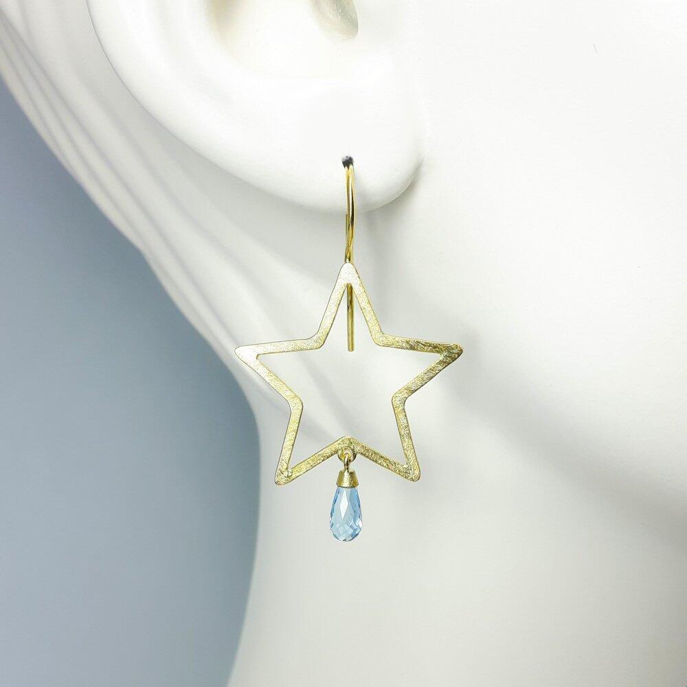 "star", earrings in 18kt yellow gold and aquamarine pampels. Unique piece.