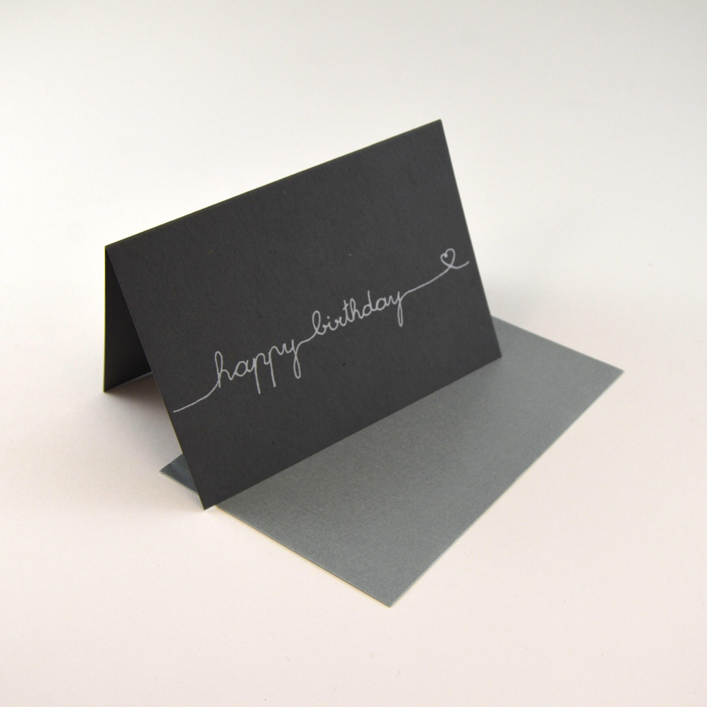 Greeting card "Happy Birthday", hand printed, in metallic font, with envelope 