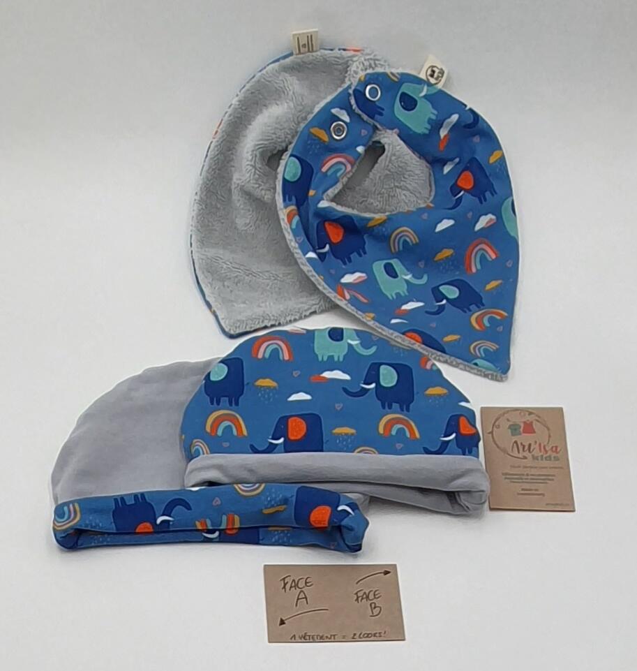 Ensemble bonnet + bandana "Eléphants bleus"