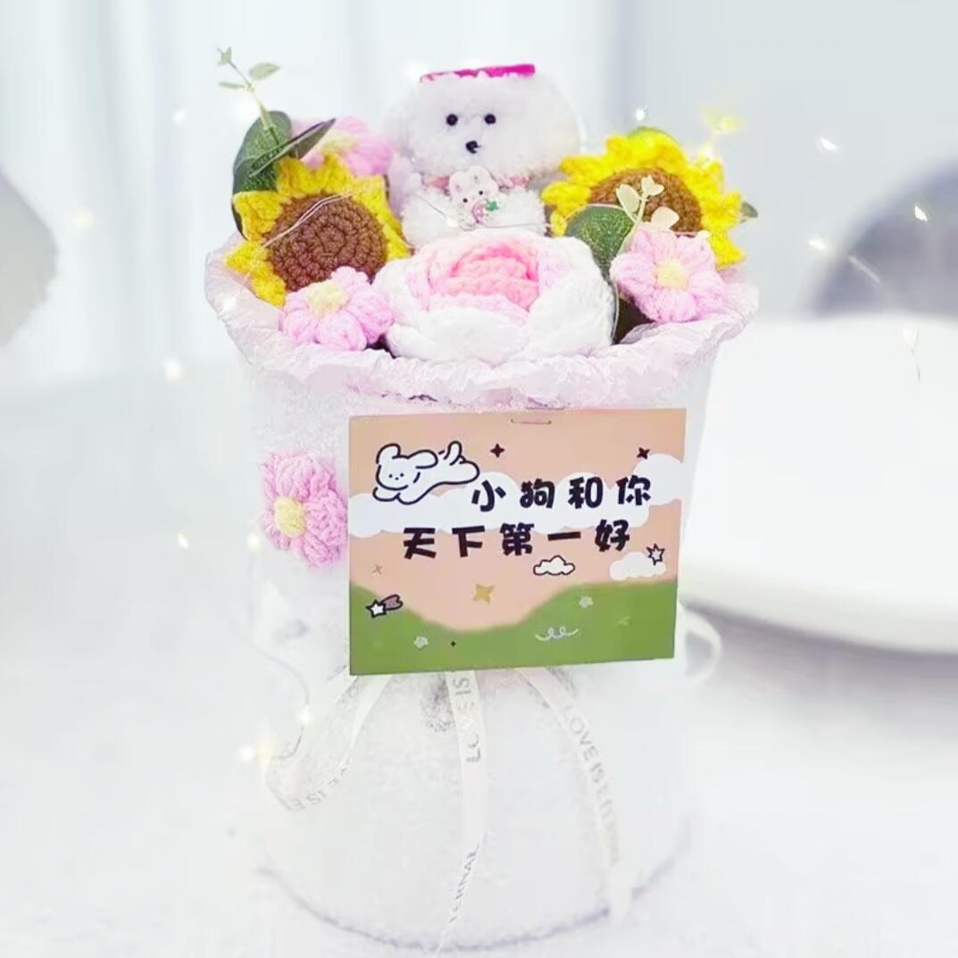 Sweet Pastel Pink Crochet Flower Bouquets with Cute Fluffy Dogs