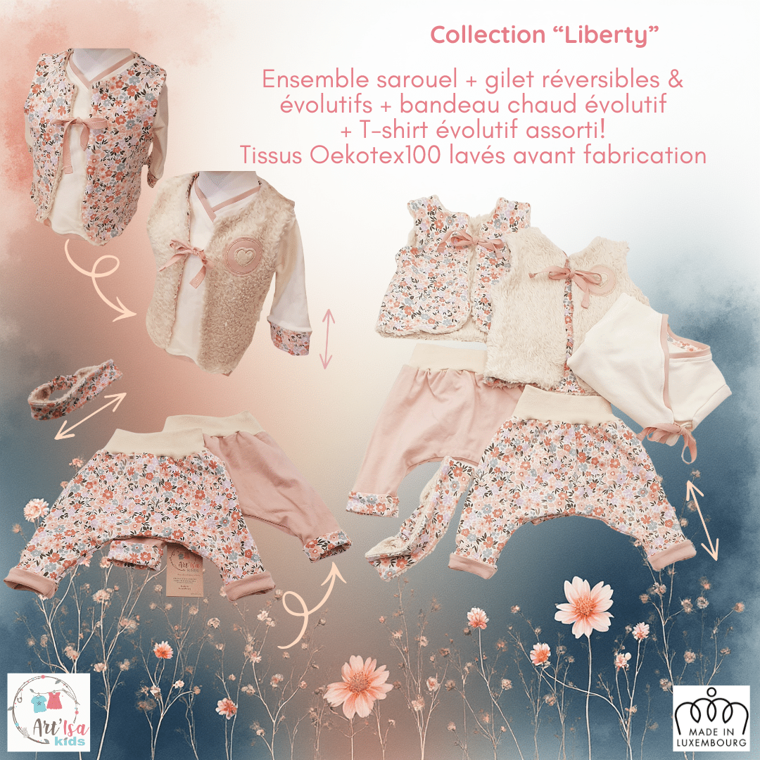 4-teiliges Mädchen-Set (Haremhose + bestickte Weste + gekreuztes T-Shirt + Stirnband) "Liberty"