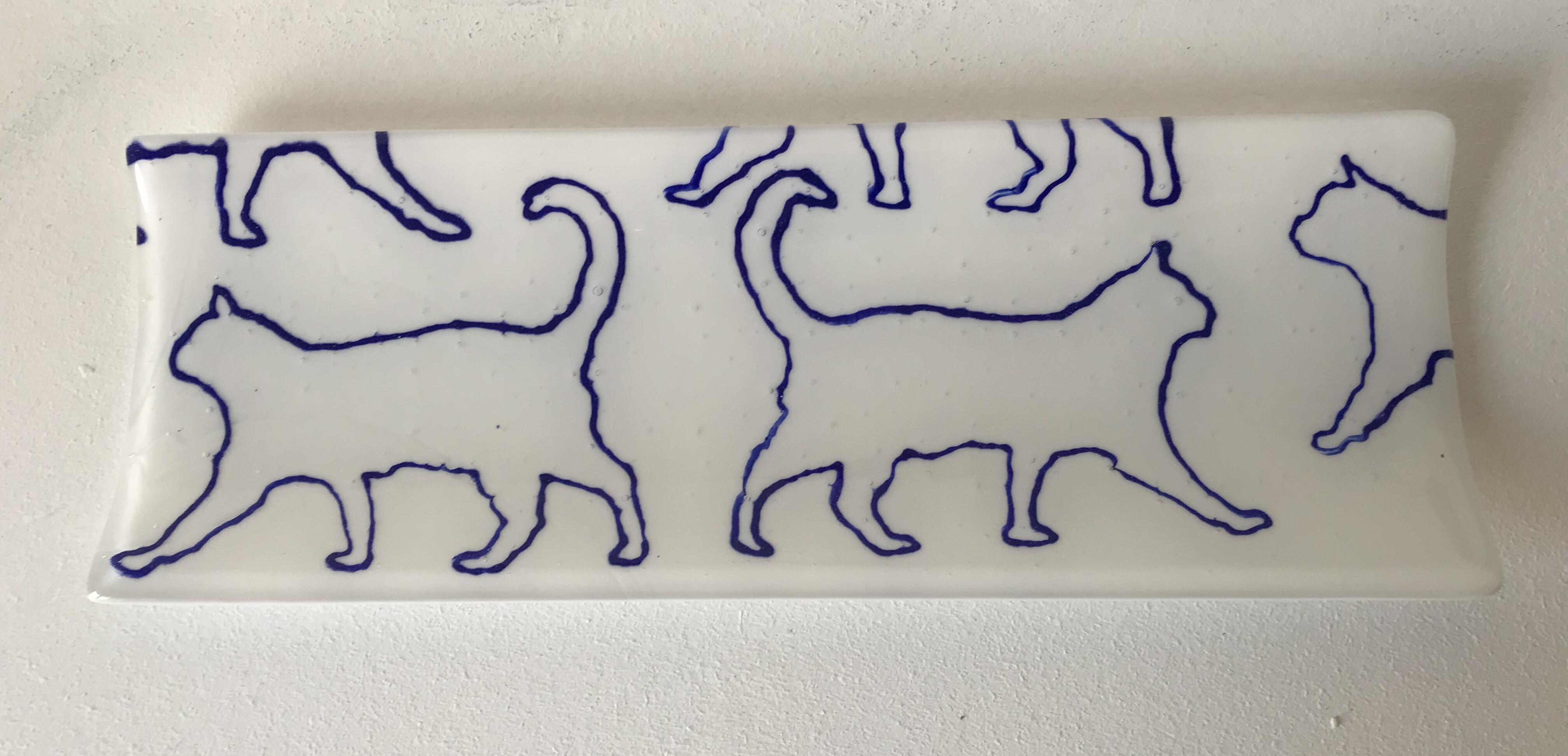 Coupe en verre rectangulaire, faite à la main avec motif de chat, pièce unique