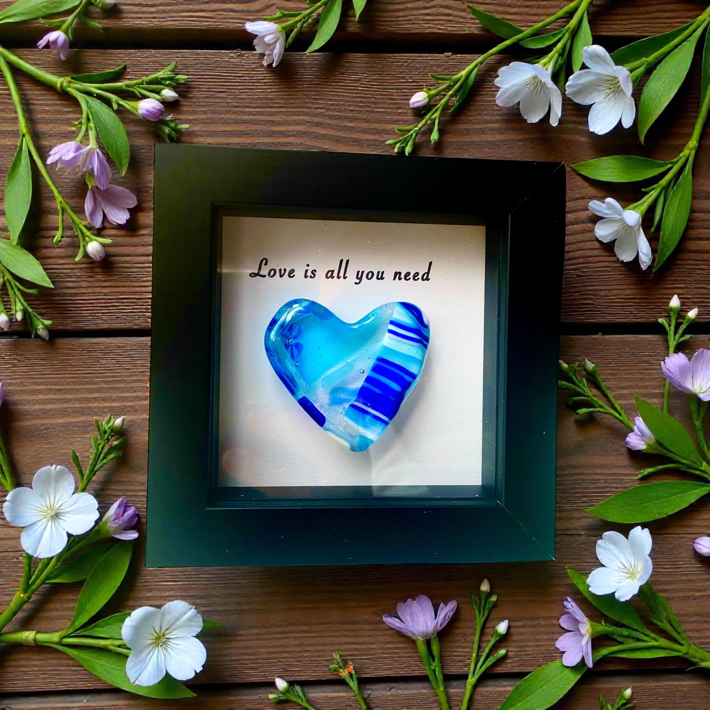 Millefiori glass heart in a black wooden frame, one-of-a-kind, handmade.