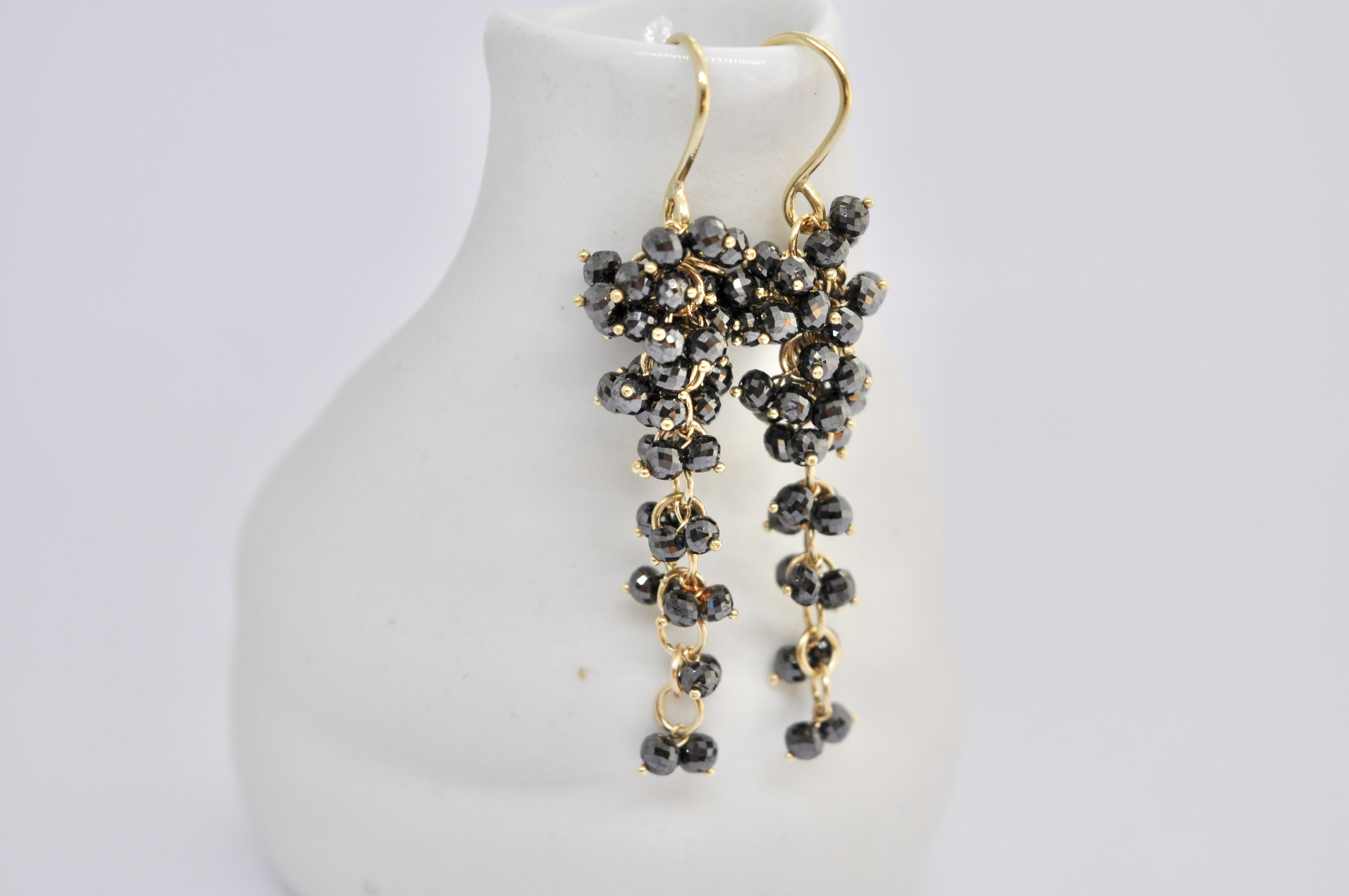 18k Gold Drop Earrings with Black Faceted Diamond Bead Clusters