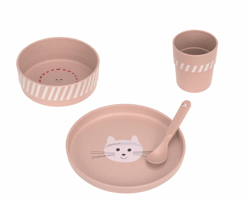Casual kids' dinnerware set (Plate - Bowl - Cup - Spoon) - Tiny Team, Katze