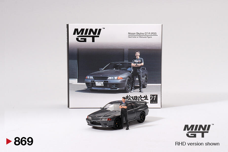Mini GT - #MGT00869-R - Nissan Skyline GT-R (R32) Gunmetal with Matsuda figurine - Tsugio Matsuda Collection - 1/64