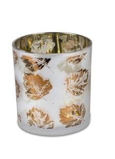 Teelicht - Windlicht - Blättermotiv in weiss und gold 8 x 7 x 7 cm 616