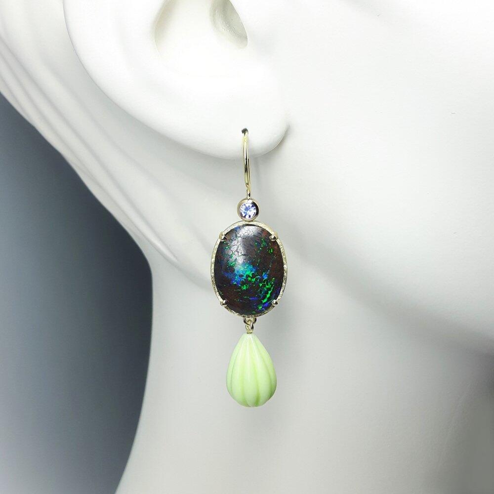 Earrings in 18kt yellow gold, boulder opal, tanzanite and chrysoprase pompoms.  One of a kind.