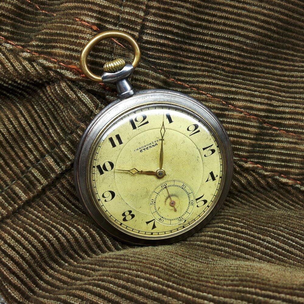 Montre de poche en acier -Schild Fréres Co Eterna SA-. Vintage vers 1911 en bon état.