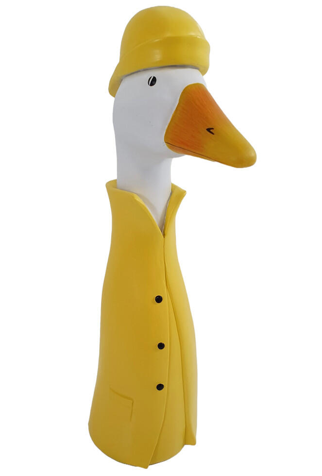 Goose head figurine with raincoat, polyresin, 38 x 10.5 x 16 cm, yellow