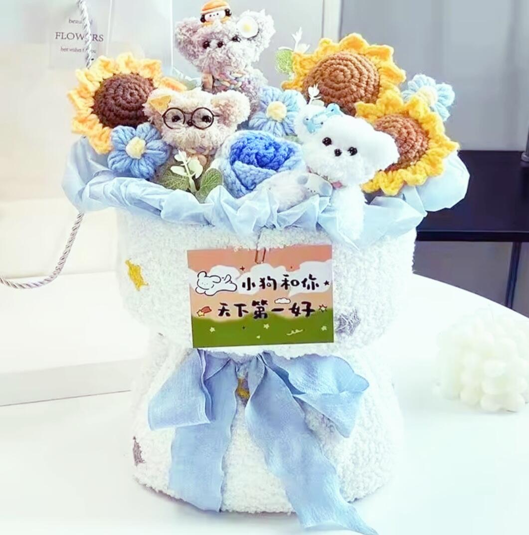Sweet Pastel Blue Crochet Flower Bouquets with Cute Fluffy Dogs