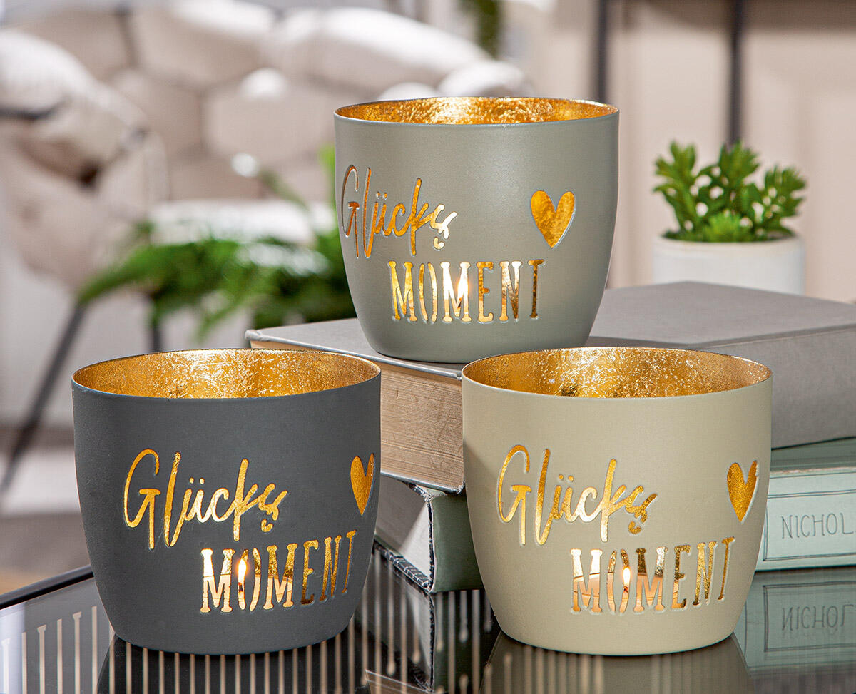 Lanterne pour bougies chauffe-plat Glücksmoment - métal gris, crème ou taupe - 10 cm 168