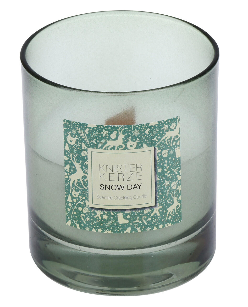 Steinhart crackling candle with Snow Day scent, Ø 8 x 9.2 cm, in a sage-colored glass