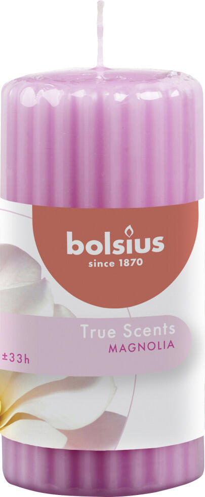 Bolsius True Scents Scented ribbed pillar candle, pink magnolia, 12 cm