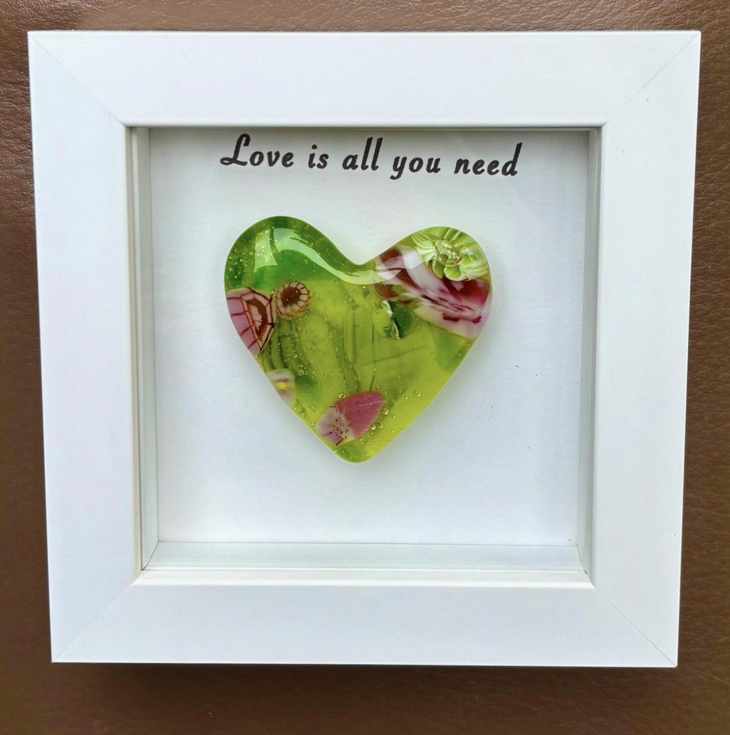 Millefiori glass heart in a white wooden frame, one-of-a-kind, handmade