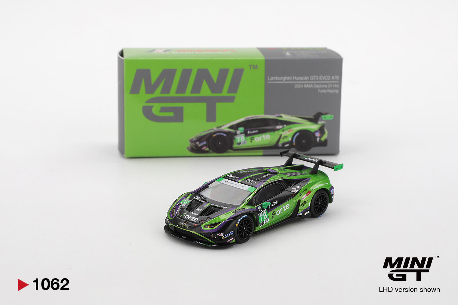 Mini GT - #MGT01062-L - Lamborghini Huracán GT3 EVO2 #78 - Forte Racing - 2024 IMSA Daytona 24 Hours - 1/64