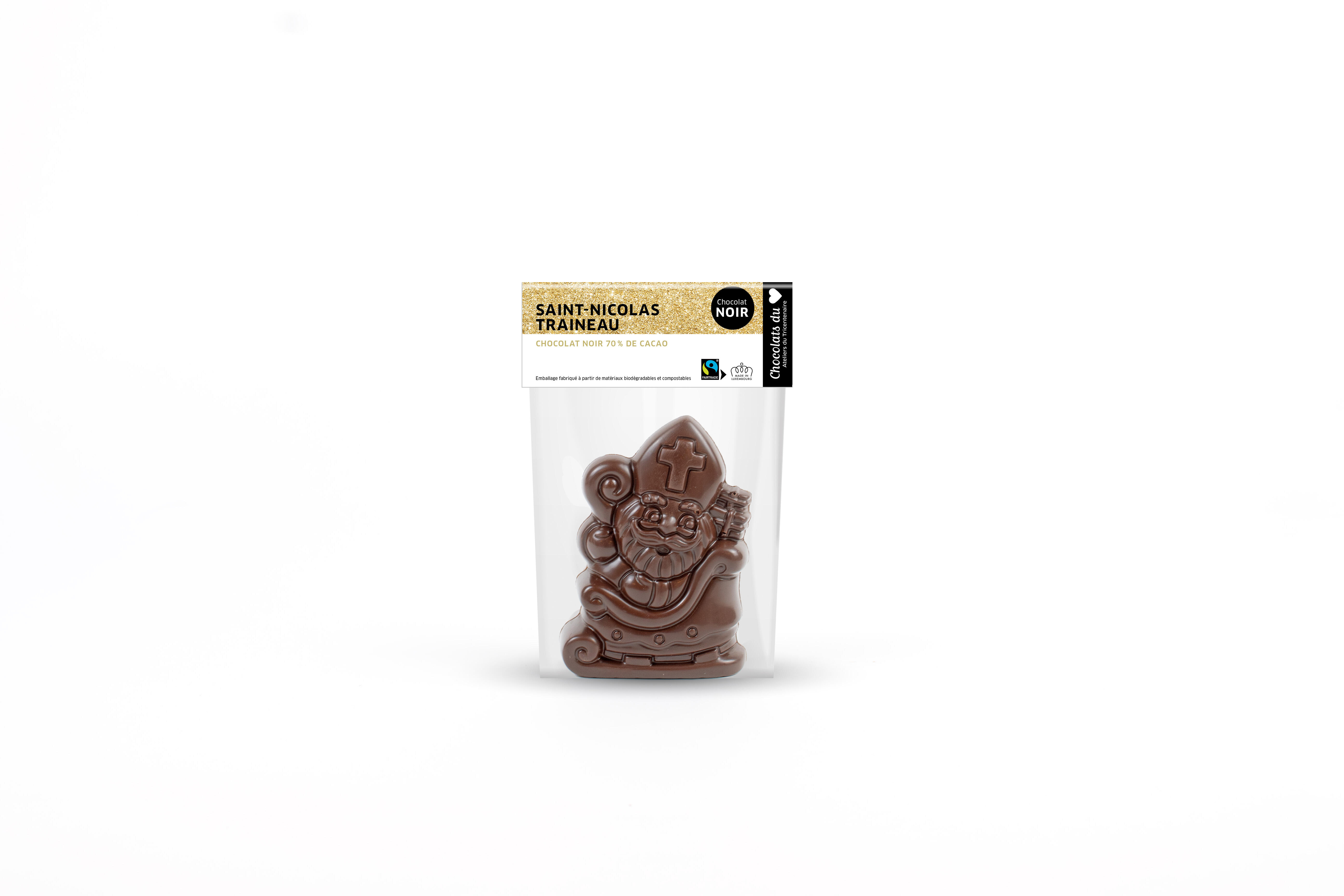 Saint-Nicolas traîneur, Fairtrade Milch- oder Zartbitterschokolade, 50 g.