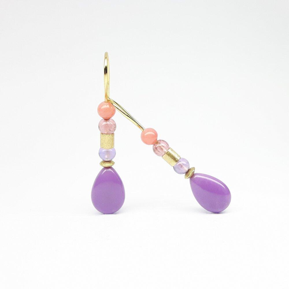 Earrings in 18kt yellow gold, pink tourmaline, amethyst, pink opal and heterosite pampels. One of a kind.