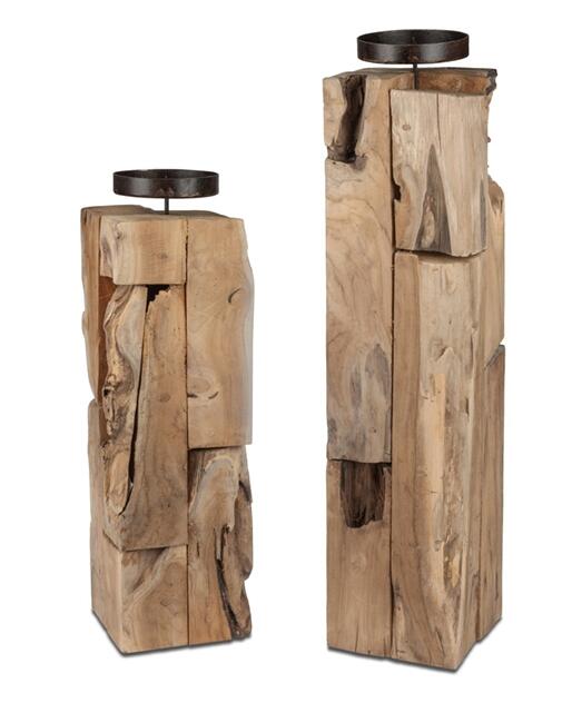 Porte-bougies en teck massif - 56 cm ou 76 cm, avec plaque en métal.