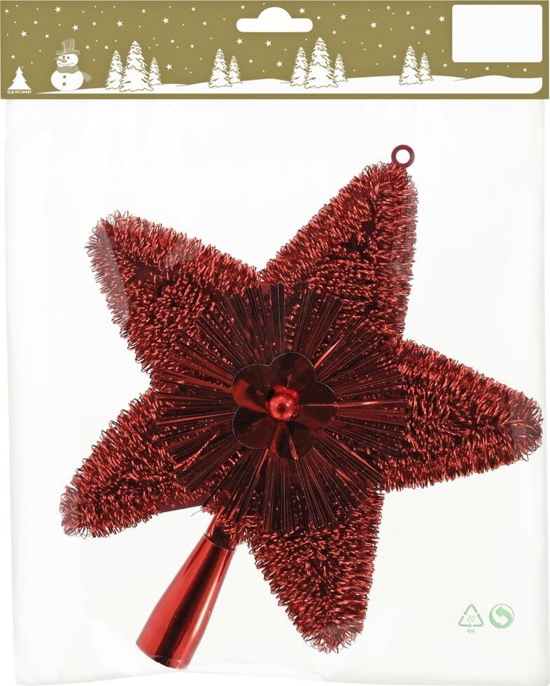 Red 23 cm glittery plastic star tree topper