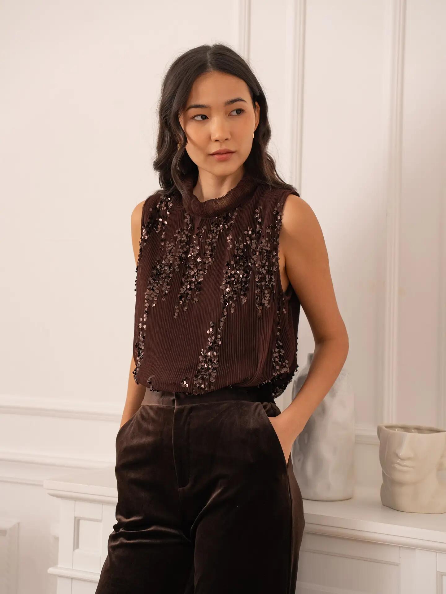 Choklate Paris Top à paillettes marron chocolat N3126