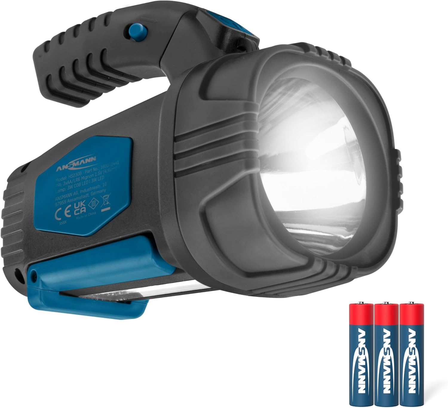 Lampe frontale LED ANSMANN ultra lumineuse et grande portée de 200 m, longue autonomie de 8 h, socle, poignée-pistolet, lampe à main idéale pour le camping, le travail, l'atelier, le véhicule, la chasse, la pêche et la randonnée