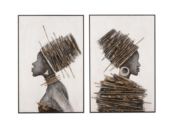 Canvas on a wooden frame - African woman - wood-piece relief on hat - white, gold, and black - 120 x 80 cm - 23582 - 1095