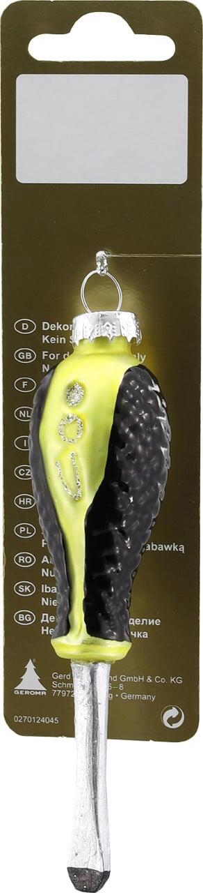 Screwdriver-shaped glass Christmas ornament, 12 cm, yellow and black, 1 piece