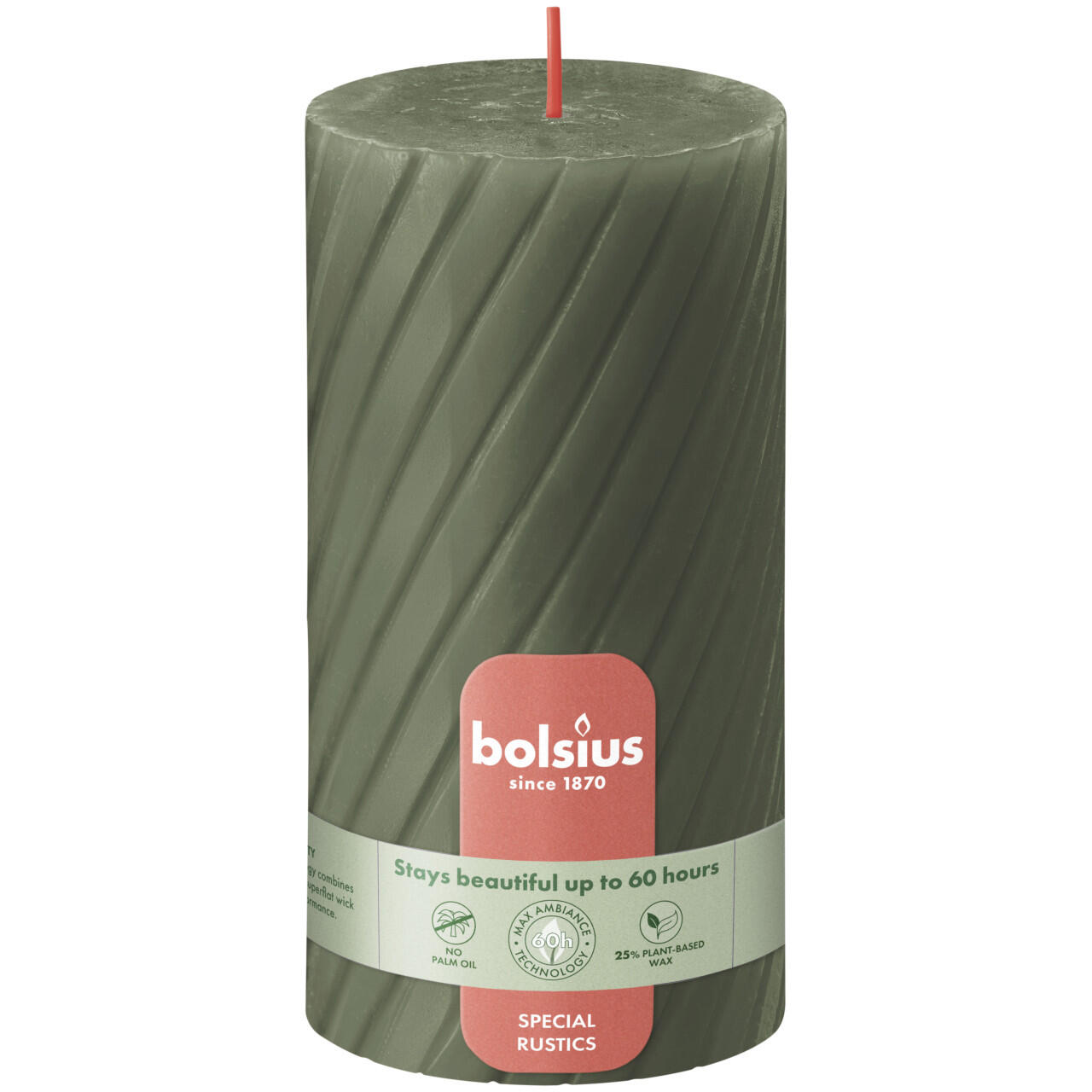 Bolsius rustic ribbed pillar candle Ø 6.8 x 13 cm fresh olive