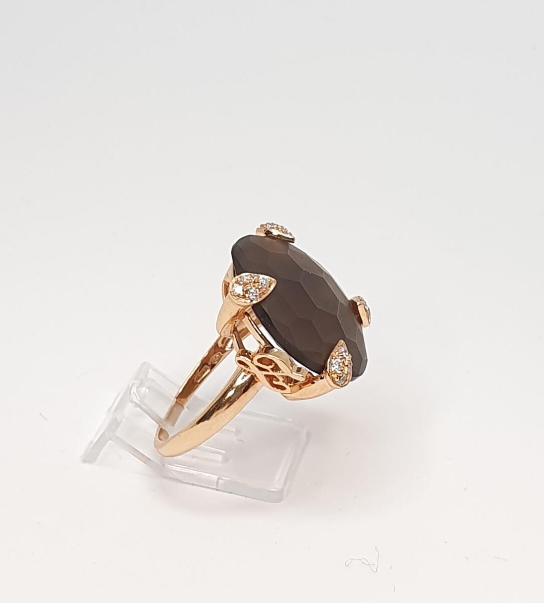18K rose gold turtle ring with smoky quartz and 0.12ct natural diamonds