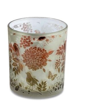 Photophore en verre pour bougie chauffe-plat - fleurs et oiseaux - vert clair et naturel, 10 cm, 213