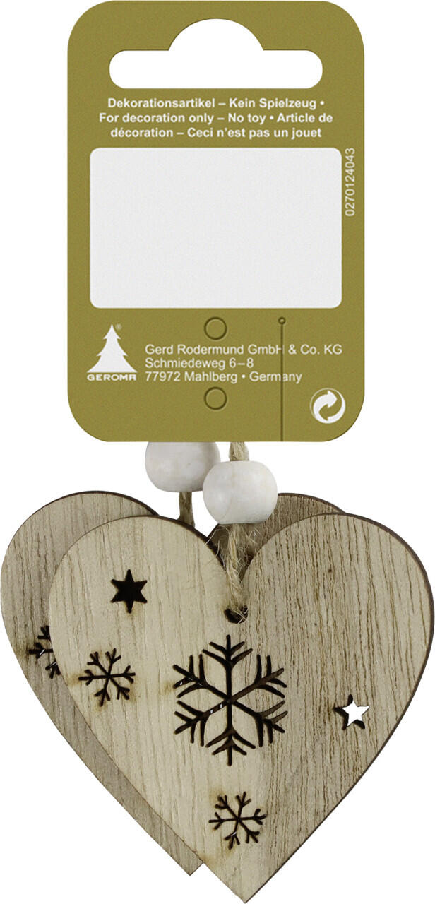 Wooden Christmas heart pendants, 7 cm, natural, set of 2